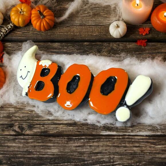 Vintage Y2K Halloween Barrette “Boo” Ghost Orange White Resin Glaze Unsigned - Picture 1 of 6